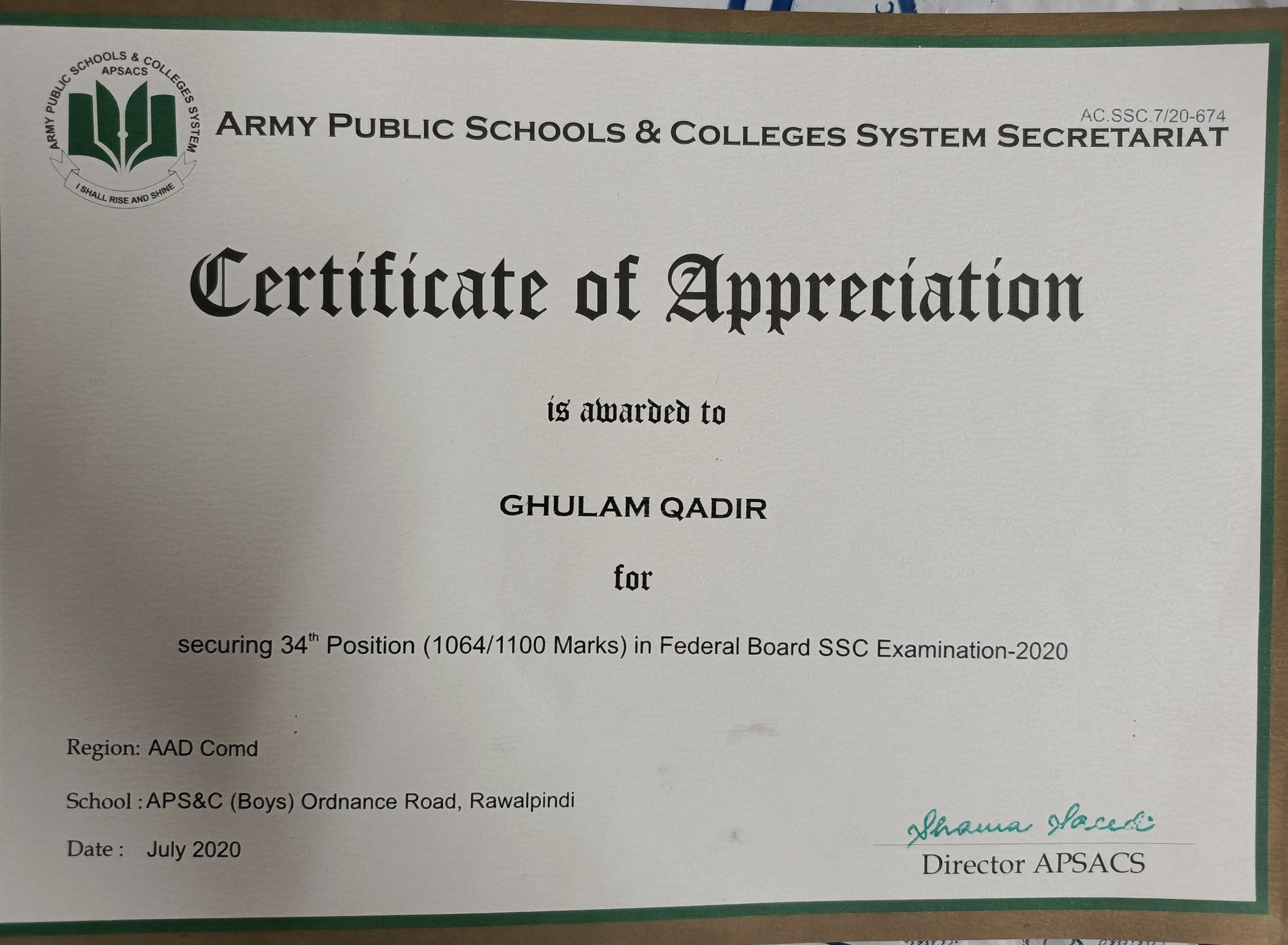 Certificate of Appreciation - FBISE